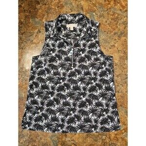 Michael Kors Palm Tropical V-Neck Sleeveless Half Front Zip Blk/white Small (A32